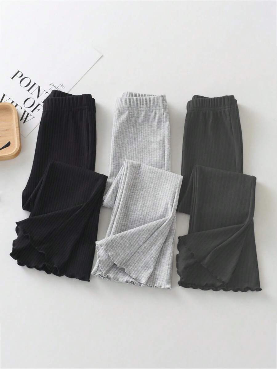 3pcs Girls Flared Pants, Children's Autumn Vertical Ribbed Trousers, Toddler & Young GirlSlim Flare Pants, Solid Color Simple Elegant Pants, Sisterly Matching Set - Multicolor - View 1