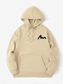 Men's Casual Text Print Drawstring Hooded Long Sleeve Sweatshirt, Fall Winter - Apricot - View 5