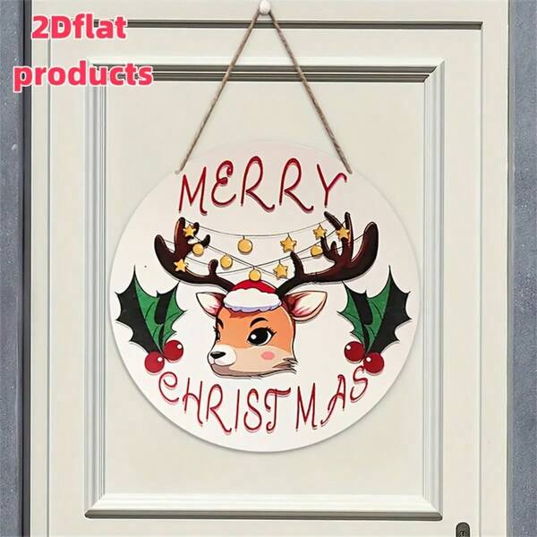 1pc 2D Flat, Vintage [Seasonal Charm] Round Christmas Reindeer Door Hanger, Wooden Sign, Home Party Holiday Decor, Holiday Home Accent | Holiday Reindeer Design | Wooden Christmas Decoration