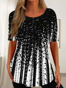 New Lightweight Elegant Women Print Dotted Snow Scene Pattern Casual Short Sleeve T-Shirt, Versatile For Vacation, Work, Travel, Summer