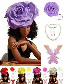 5 قطع مجموعة قبعات الزهور الفاسنيتور لحفلات الشاي للنساء، قبعة الفاسنيتور بشكل وردة لسباق كنتاكي ديربي، طقم قلادة وأقراط، قفازات وقبعة للزفاف وعيد الهالوين