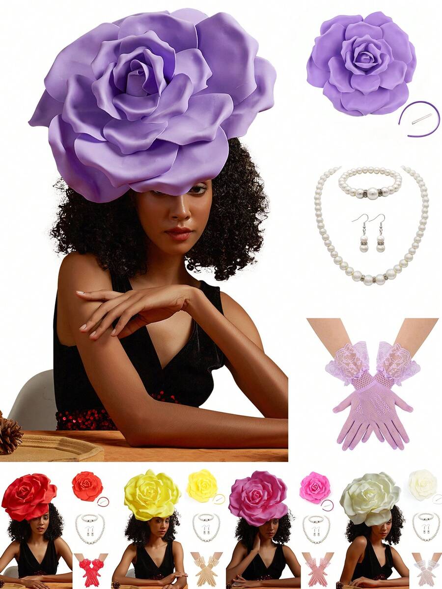 5 قطع مجموعة قبعات الزهور الفاسنيتور لحفلات الشاي للنساء، قبعة الفاسنيتور بشكل وردة لسباق كنتاكي ديربي، طقم قلادة وأقراط، قفازات وقبعة للزفاف وعيد الهالوين