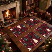 1set/4pcs/6pcs Christmas Retro Christmas Tree Pattern Placemats, Machine-Washable Rectangular Polyester Placemats, Table Protectors, Heat-Insulating Placemats, Restaurant Table Decorations, Party Supplies, Christmas Decorations, Can Be Given As Gifts