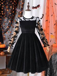 Mädchen Halloween Fledermaus Netz Mesh Patchwork Samt Kleid, Herbst
