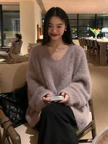 女士 V 领仿羊绒柔软套头毛衣，中长款外套，秋冬 - 淺灰紫 - 查看 5