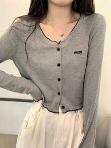 撞色荷叶边短款针织开衫女式上衣 - 灰色 - 查看 4