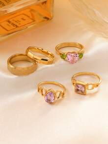 5/9pcs Fashionable & Elegant Stainless Steel Gold Rings Set, Includes Love Teardrop, Roman Numeral, Matte Diamond Elements, 18K Gold Plated, Suitable For Women's Daily Wear, Dates, Gifts, Weddings, Engagements