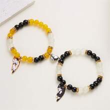 New Creative Two-Pack Heart Magnetic Clasp Lazy Cat Pendant Beaded Bracelet Fashion Couple Bracelet - #4黃黑 - 查看 7