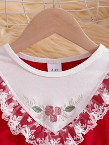 coviviky Vestido de niña con contraste de colores dulces, cuello bordado con flores y volantes, manga larga de malla con parches