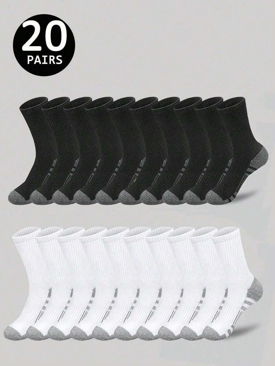 2/5/10/20 Pairs Black, White, Gray Solid Color Mid-Calf Socks, Striped Sports Socks, Suitable For Daily Fitness, Running, All Seasons, Fall - Multicolor - View 1
