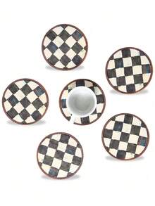 6pcs Black White Wooden Coasters, Black White Checkered Pattern Absorbent Coasters Set Coffee Coaster, Tea Coffee Table Dining Table Desk Heat-Resistant Coasters Insulated Pads, Living Room Bedroom Office Tea Room Desktop Protection, Suitable For All Kinds Of Cups, Desktop Decoration, Home Restaurant Tea Coffee Bar Decoration