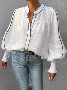 Women Banded Single-Breasted Lantern Sleeve Casual Loose Shirt