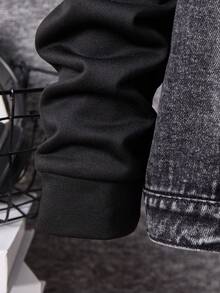 1 件男童休闲拼接胸袋水洗牛仔连帽夹克，秋冬 - 黑色 - 查看 5