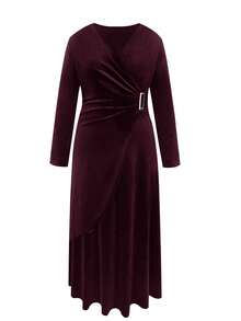 Plus Size Women's Casual Solid Color V-Neck Long Sleeve Fitted Dress, Suitable For Daily Commute And Office Wear, Autumn/Winter - Red Violet - View 3