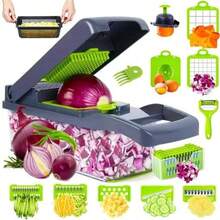 16 in 1 Affettatrice multifunzionale per verdure con manico, grattugia per alimenti, affettatrice per verdure, tritatutto, utensile da cucina, adatto per tagliare frutta, cipolle, carote e patate grattugiati, ecc. - Contenitore incluso, regalo di Natale