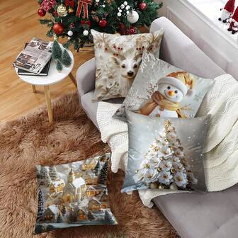 4pcs Christmas Santa Claus, Christmas Tree, Reindeer, Snowman Element Pillow Covers (Inserts Not Included), Soft & Comfortable Single-Sided Printed Pillow Covers, Suitable For Bedroom, Living Room, Sofa, Christmas Party Decoration