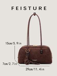 1 pieza Bolso de mujer de un solo hombro de tela retro, con colgante, cierre de cremallera, adecuado para salidas diarias, citas, ir al trabajo - Café - Ver 3