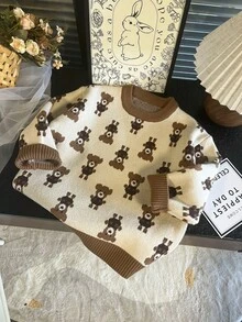 1pc Kids' Thick Crew Neck Long Sleeve Sweater, Cute Bear Pattern, Unisex For Boys & Girls, Autumn/Winter - Beige - View 1