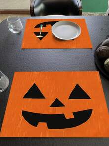 1 pièce/4 pièces/6 pièces/48 pièces Sets de table à motif de visage de citrouille d'Halloween, sets de table de décoration d'Halloween pour la maison, sets de table de décoration de fête d'Halloween, décoration d'automne et d'Halloween pour la maison, style vintage, matériau similaire au lin, fournitures de fête d'Halloween pour la maison, l'intérieur et l'extérieur, décoration thématique d'Halloween, décoration de pièce. Convient pour la décoration de cuisine à la maison et la décoration de fête d'Halloween