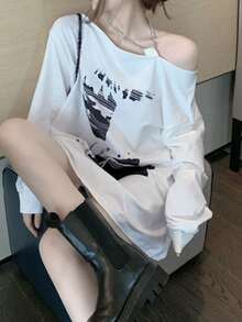 2025 Spring/Autumn New Women Casual Long Sleeve Loose Printed Tank Top T-Shirt - White - View 4