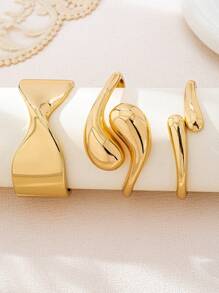 3pcs/Set Minimalist Geometric Asymmetrical Teardrop Shaped Metal Bangle Bracelet Set, Thick Solid Gold-Tone Alloy Material, Suitable For Women