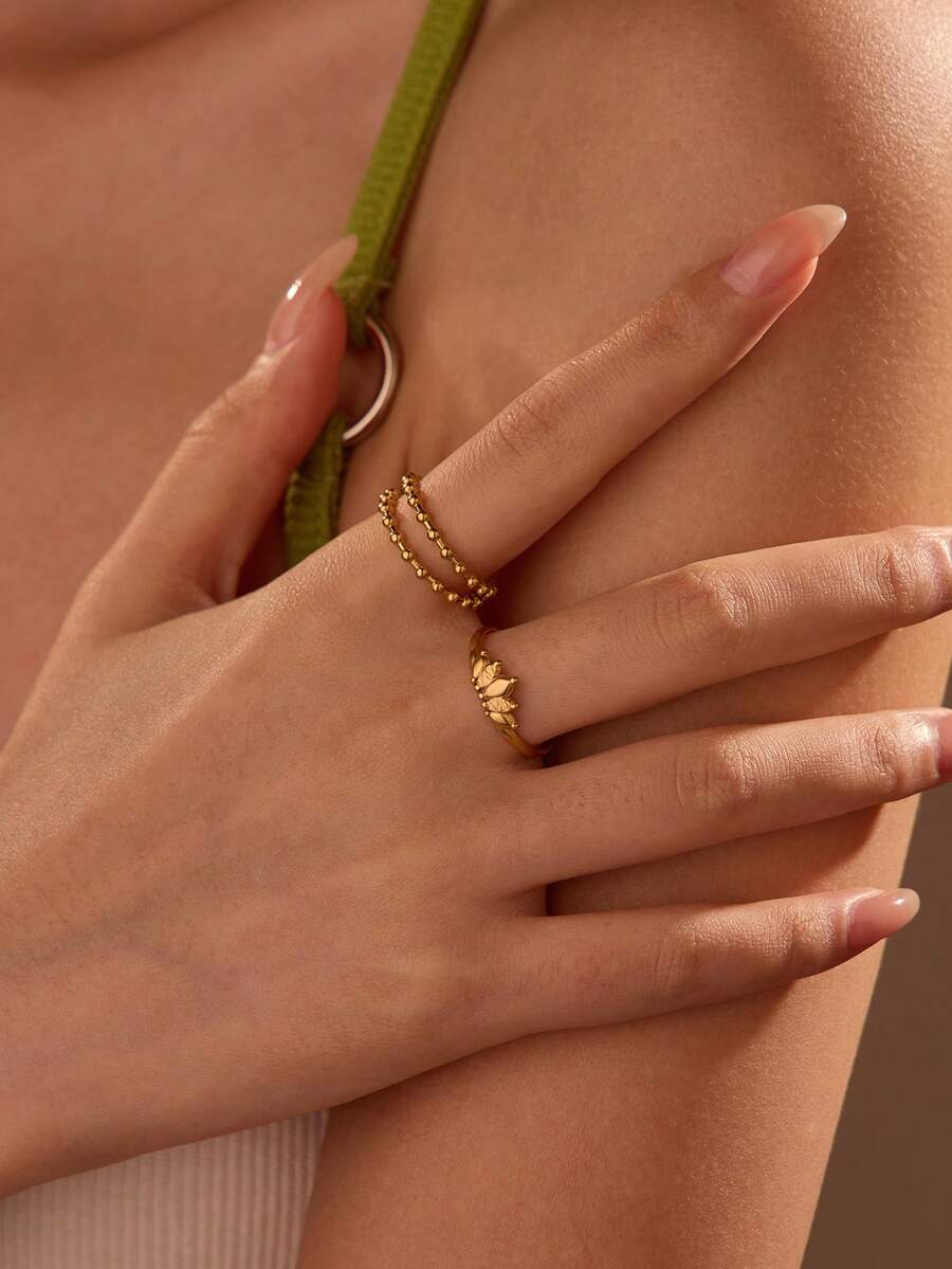 两件套不锈钢金色叶子皇冠和双层串珠开口戒指套装，时尚简约首饰，适合女性日常佩戴或作为礼物 - 金黃色 - 查看 1