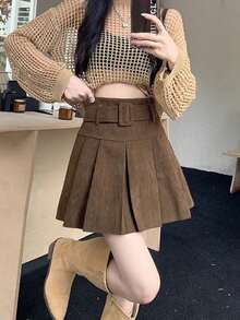 新款秋季高腰百褶迷你裙，配腰带 - 咖啡棕 - 查看 3