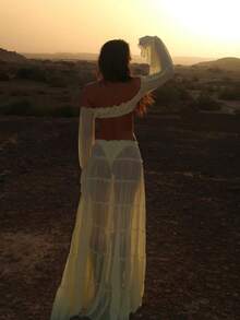 Bộ đồ hai mảnh màu vàng kem dành cho nữ: Áo croptop trễ vai xếp ly và chân váy xếp ly nhiều lớp, trang phục mùa thu cho nữ, váy dự tiệc, trang phục đi chơi, váy dự đám cưới, phong cách cổ tích, nơ, trễ vai mùa xuân. - Màu vàng - Xem 2