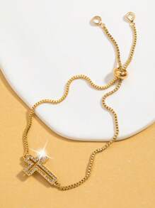 Cubic Zirconia Cross Decor Bracelet, Minimalist And Fashionable - Yellow Gold - View 3