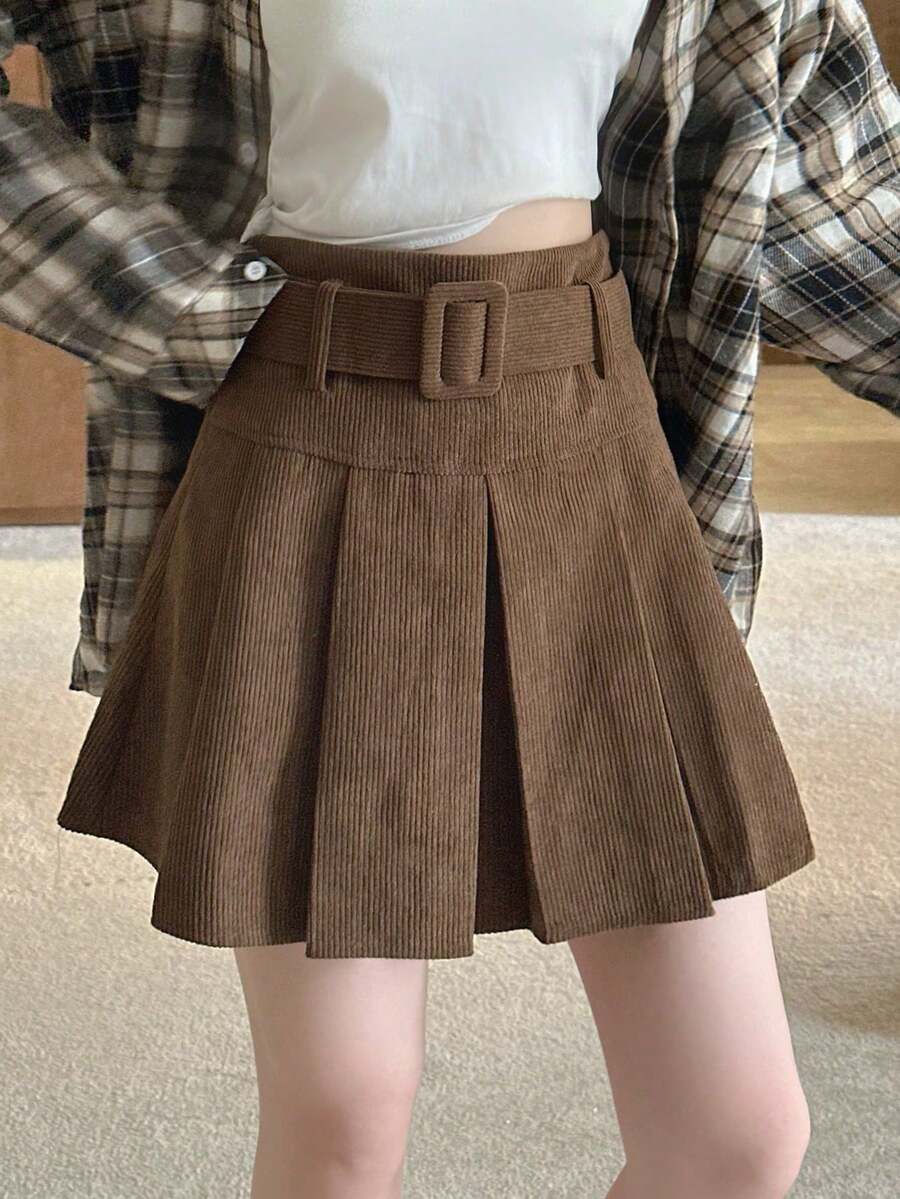 新款秋季高腰百褶迷你裙，配腰带 - 咖啡棕 - 查看 1