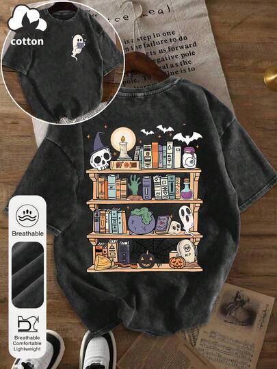 Women's Summer Ghost Book Reader Graphic Print Round Neck Short Sleeve Simple Casual Everyday Plus Size Washed T-Shirt Top, Halloween Library Graphic Print Women's Top, Skull Book Club Graphic Print Women's Summer Dress, Halloween Reading Graphic Print Summer Top