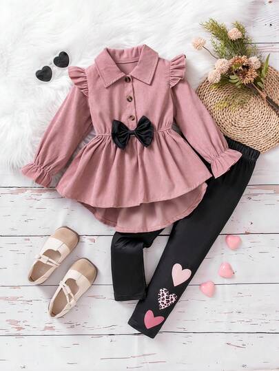 Girls Vintage Corduroy Cute Academic Style Outfit, Pink Top With Ruffle Trim & Big Bow, Black Pants With Heart Pattern, Adorable Yet Playful For School Activities, Outdoor Play, Hangout With Friends, Suitable For Spring, Autumn & Winter