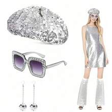 6 件女士 70 年代迪斯科服装配饰套装 - 包括 70 年代迪斯科黑色卷发合成发、镶钻时尚眼镜、闪光围巾、闪光头带、流苏耳环和戒指 - 非常适合复古派对、狂欢节、复活节和主题活动、迪斯科服装配饰万圣节