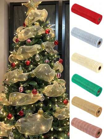 1pc Christmas Tree Ribbon Gauze Decoration Scene, Christmas Tree Pendant, Webbing, Colorful Ribbon, Gauze Ribbon, Christmas Ribbon, Scene Decoration, Holiday Decoration, Room Decoration, Home Decoration, Office Decoration, Theme Party Decoration, Christmas Decoration Christmas Decorations Winter Christmas Decorations Home Christmas Gifts Christmas Decor