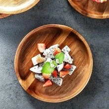 1 Peça Bandeja de Estilo Rústico de Madeira de Mimosa - Cesta de Armazenamento Redonda de Madeira, Adequada para Lanches, Frutas e Sobremesas | Organizador de Cozinha e Acessório de Decoração para Sala de Jantar