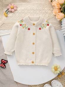 Handmade Knitted Strawberry Pattern Crew Neck Sweater For Baby Girls - Apricot - View 2