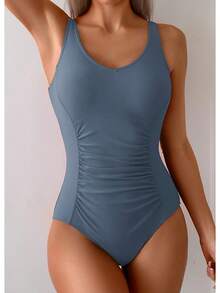 Tummy Control One Piece Swimsuit With Ruched Design - Grey Blue - View 10