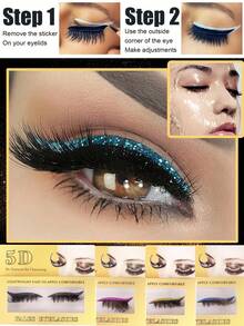 MEM 1 Set Glitter Self-Adhesive Eyeliner & False Lashes - Waterproof, No Glue Needed, Suitable For Party & Stage Makeup, Travel, Daily Wear (For Beginners), Wedding, Date, Party, Festival, Great As Christmas/Halloween/Gift Lashes Set - Black - View 8