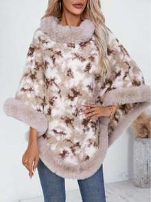 Fashion - Forward Poncho With Plush Trim For Winter Gatherings - Beige - View 3