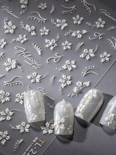 1 pièce Autocollant de décoration d'ongles avec fleur blanche épanouie 5D, papillon, nœud, étoile, strass et perle, relief doux, accessoire de manucure DIY