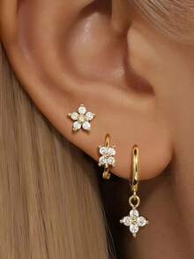 4 Pairs Exquisite Cubic Zirconia Flower Stud Earrings Set Fashion Stack Earring Ear Piercing Jewelry For Women Party, Daily Wear - LM-flower Earrings Set - View 9