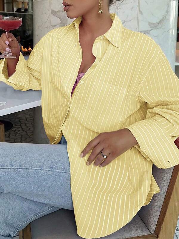 Look Polly Women's Fall Winter Butter Yellow Striped Long Sleeve Shirt,Single Breasted Casual Fashion, Fall Women Clothes, Pocket Design, Back To School Clothes, Old Money Style Women Striped Shirt Christmas Clothes Winter Clothes Beach Thanksgiving Shirt New Year Look Elegant Blouses For Women Outfits For Women New Year Look