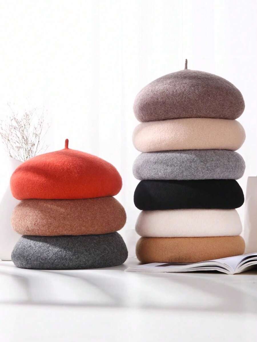 1pc Women's Solid Color Wool Warm Retro Beret Hat, Suitable For Students, Girls, British Style, French Artist, Casual Daily Wear, Autumn/Winter