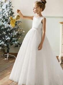 Girls' Elegant Backless Bow Pearls Mesh Sleeveless Maxi Dress, Suitable For Flower Girl, Birthday Party, Stage Performance, Wedding, Prom, Graduation, Christmas