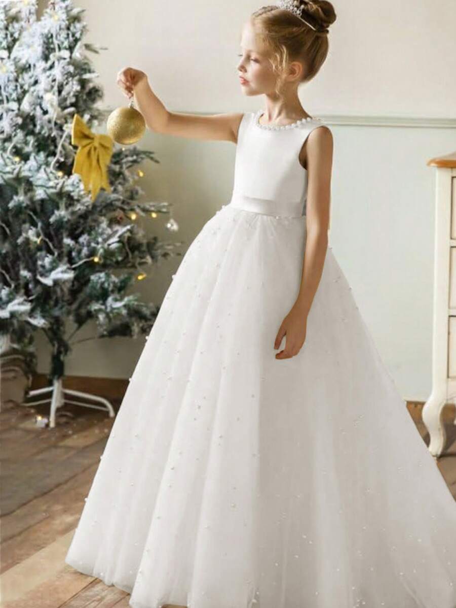 Girls' Elegant Backless Bow Pearls Mesh Sleeveless Maxi Dress, Suitable For Flower Girl, Birthday Party, Stage Performance, Wedding, Prom, Graduation, Christmas