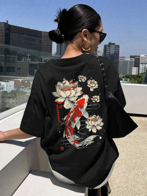 Camiseta de cuello redondo de manga corta con gráfico de alfabeto para mujer, estilo suelto y versátil casual para vacaciones, ropa de verano de moda para uso diario en vacaciones