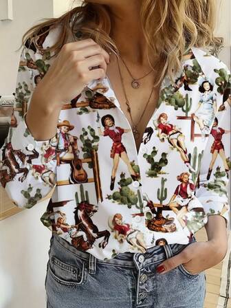 Western Style Women's Cartoon Print Long Sleeve Collared Button-Up Shirt, Available In White, Pink, Red