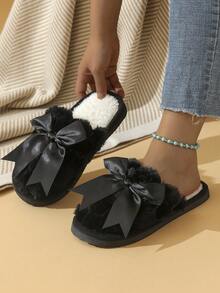 Pantufas femininas de outono/inverno com laço de fita, leves e macias, para uso casual em ambientes internos e externos, ideais para o quarto ou para casa. - Preto - Ver 6