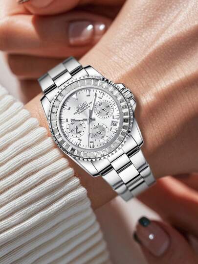 BIDEN Ladies' Watch, Chronograph, Waterproof, Calendar, Stainless Steel Strap, Stylish And Elegant Quartz Ladies' Watch+Free Steel Strip Cutting Tool+Free Box
