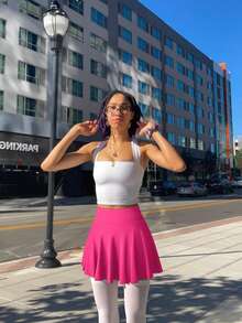 Women One Piece Skirt 2 In 1 Flowy Basic Versatile  Stretchy Flared Casual Mini Skirts - Dragon Fruit Color - View 2